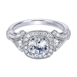 Gabriel NY 14k White Gold Victorian Diamond Cushion Halo Semi Mounting