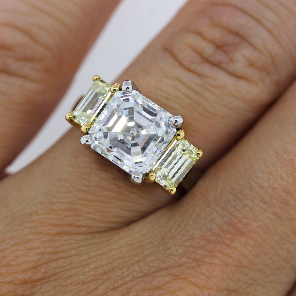 Platinum and 18k Yellow Gold 3.18ct Asscher Cut Three Stone Diamond Ring