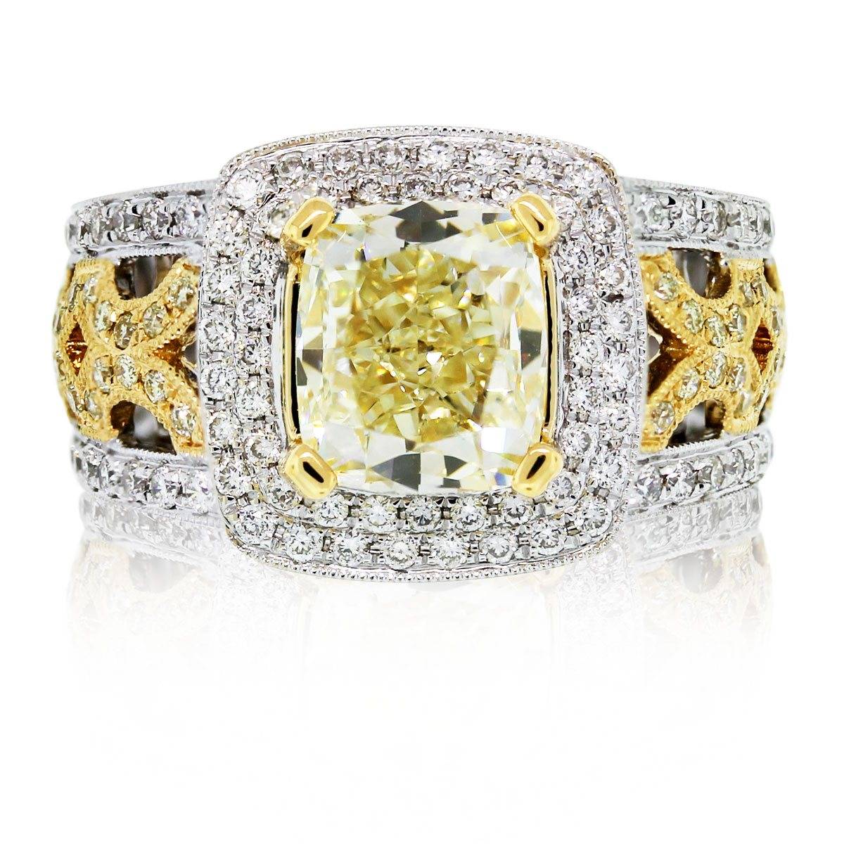 Cushion cut fancy yellow engagement ring