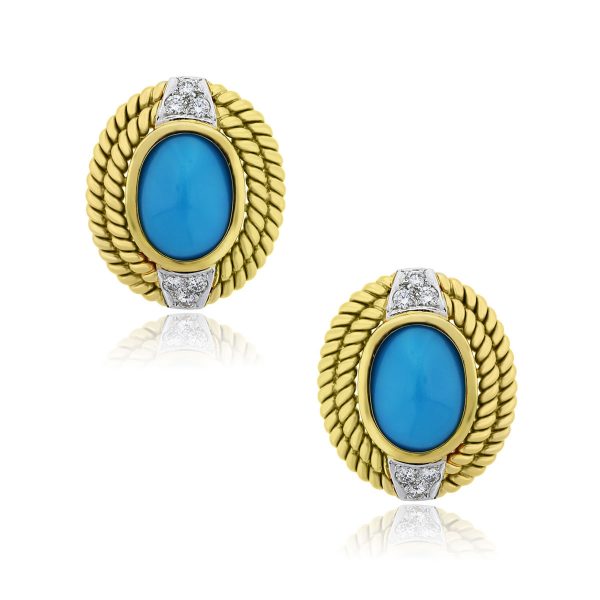 You are viewing these 18k Yellow Gold Turquoise .60ctw Diamond Earrings!