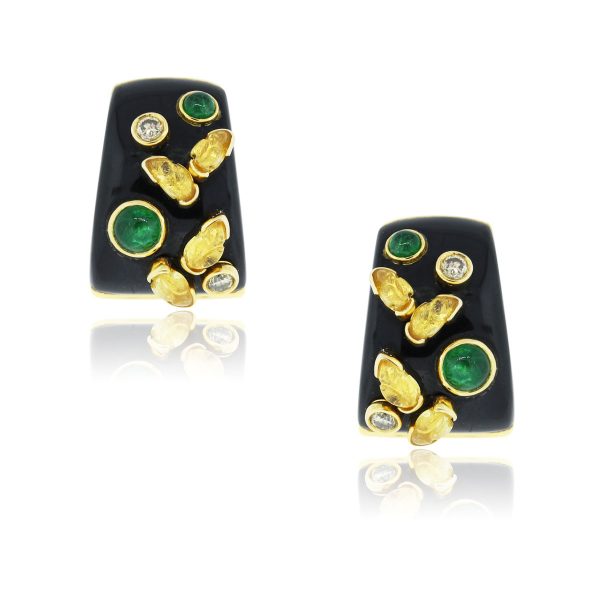 You are viewing these 18k Yellow Gold Black Yellow Enamel Emerald Earrings!