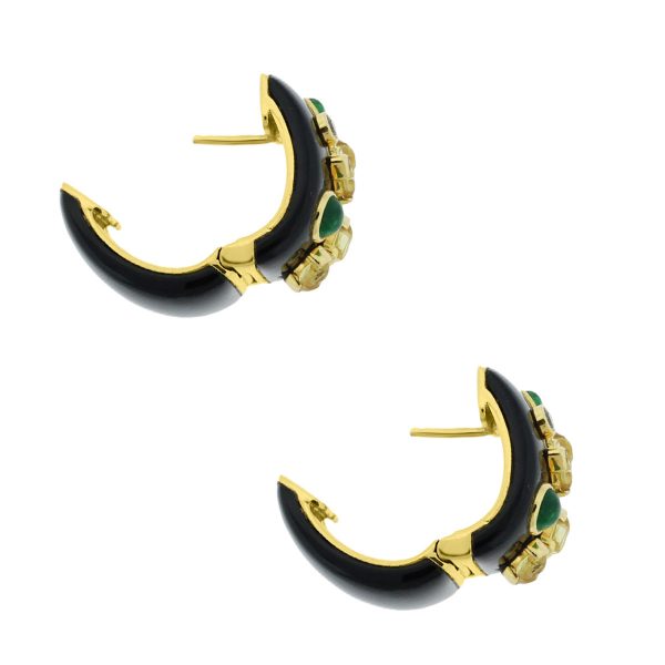 18k Yellow Gold Enamel Emerald Earrings