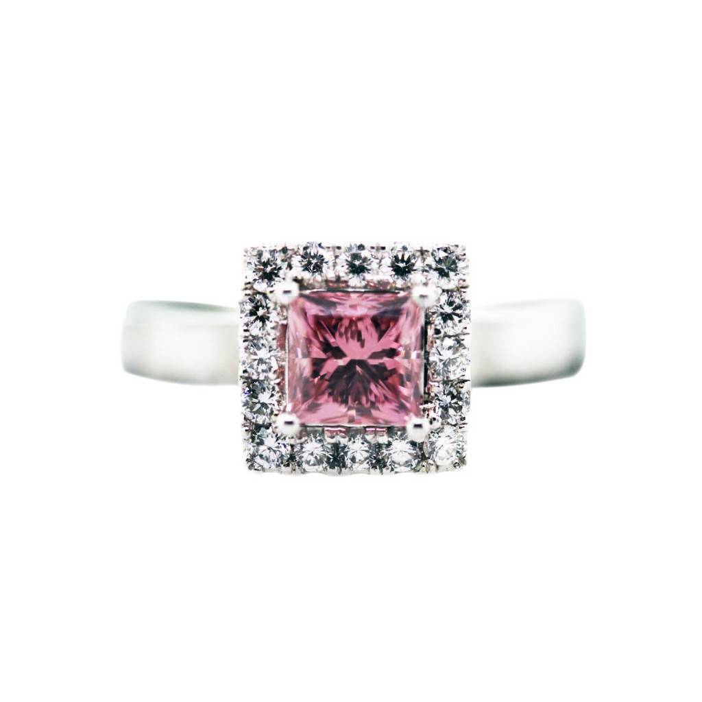 1 Carat Princess Cut Pink Diamond Ring 18k White Gold with GLS