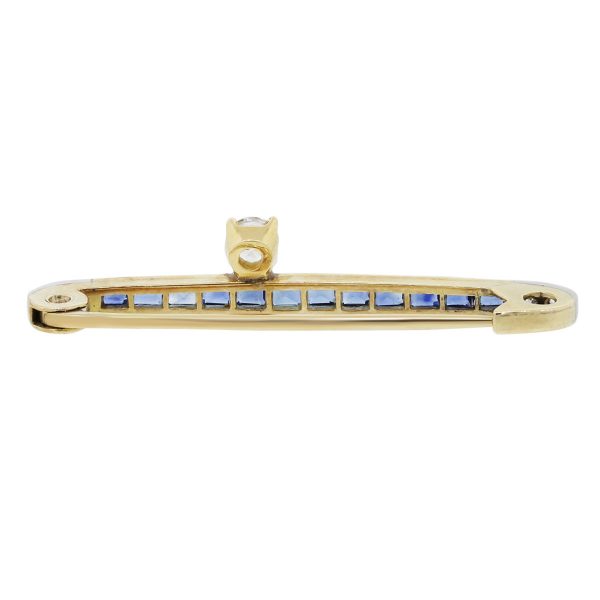 14k Yellow Gold Blue Sapphire and Diamond Bar Pin