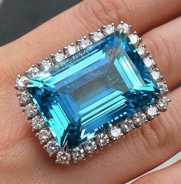 Platinum 66.05ct GIA Certified Aquamarine and Diamond Cocktail Ring