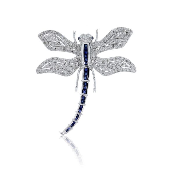 You are viewing this 14k White Gold Diamond Sapphire Dragonfly Brooch Pin!