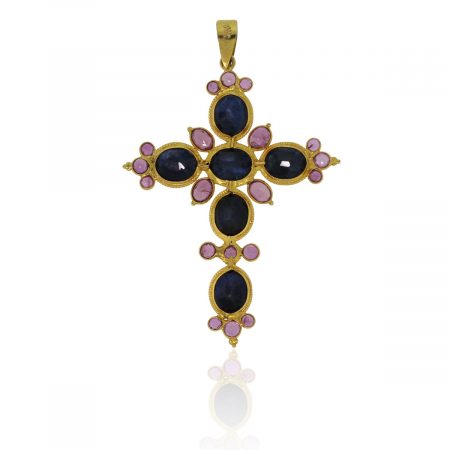 You are viewing this 18k Yellow Gold Pink & Blue Sapphire Cross Pendant!