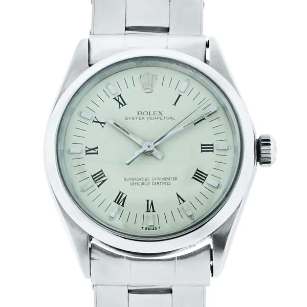 You are viewing this Rolex 1002 Oyster Perpetual Beige Roman Dial Steel Watch!