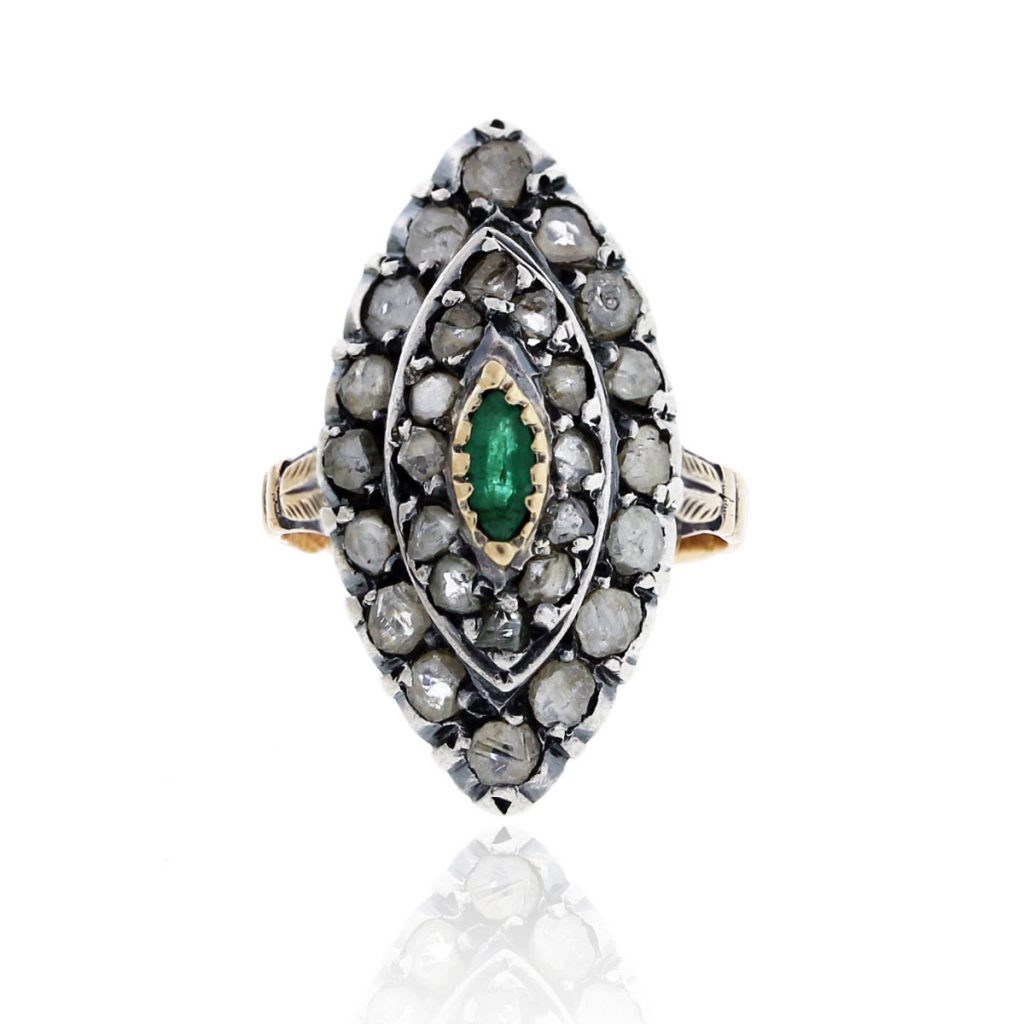 You are viewing this 18k Two Tone Emerald and Diamond Vintage Ring