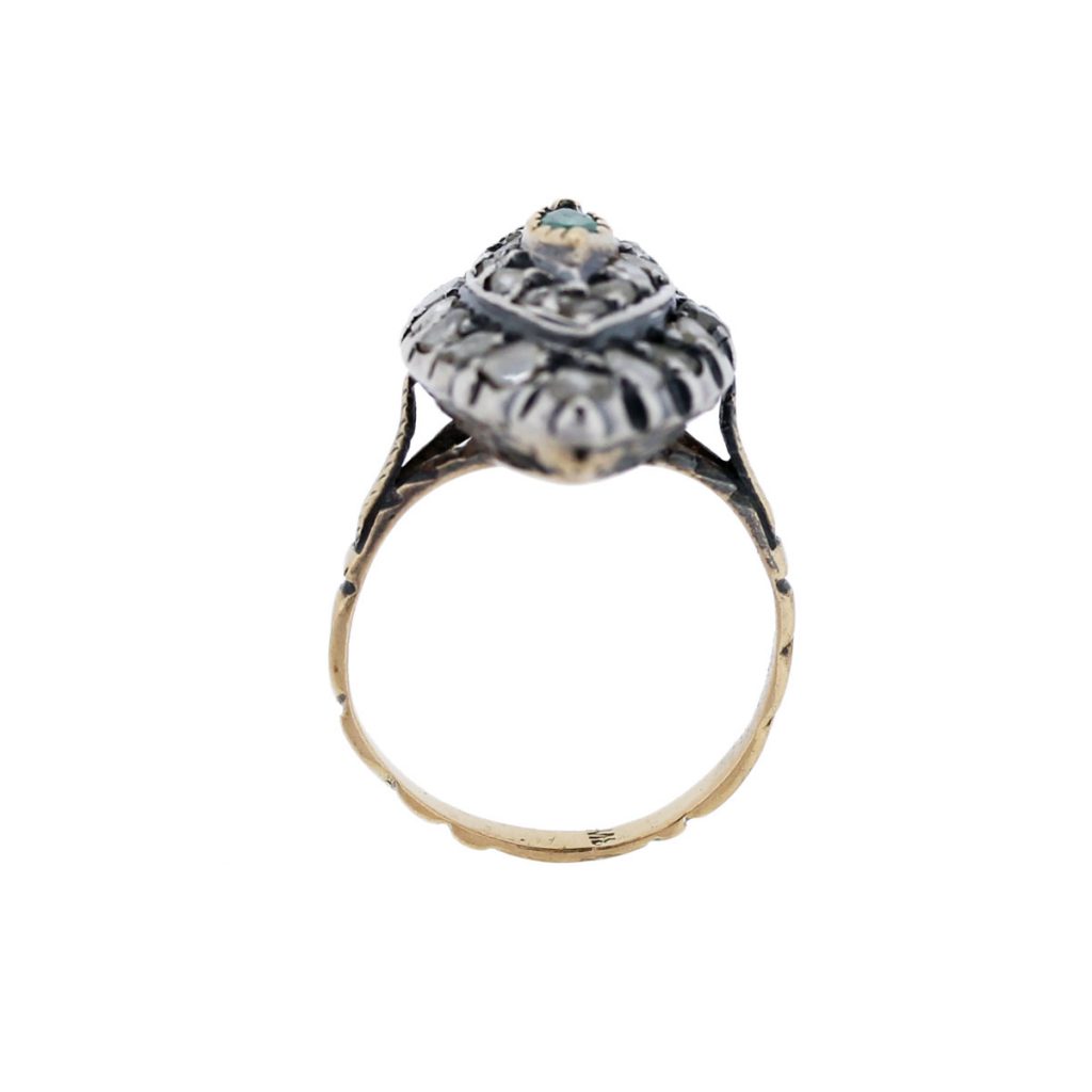 18k Two Tone Emerald and Diamond Vintage Ring