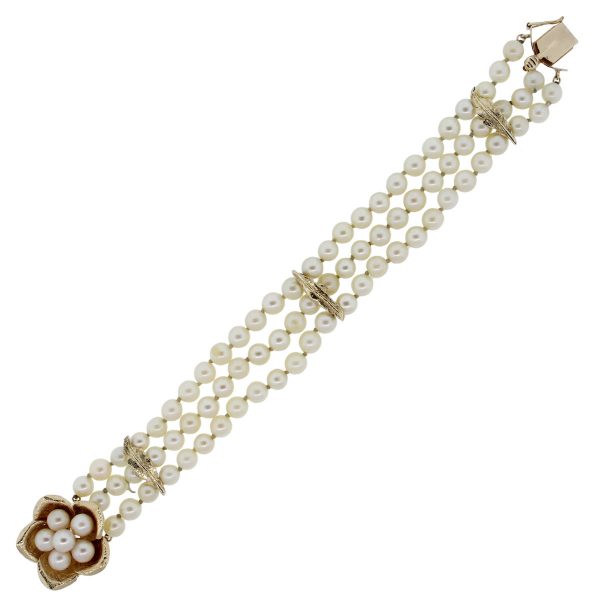 14k Gold Triple Strand Pearl Flower Bracelet