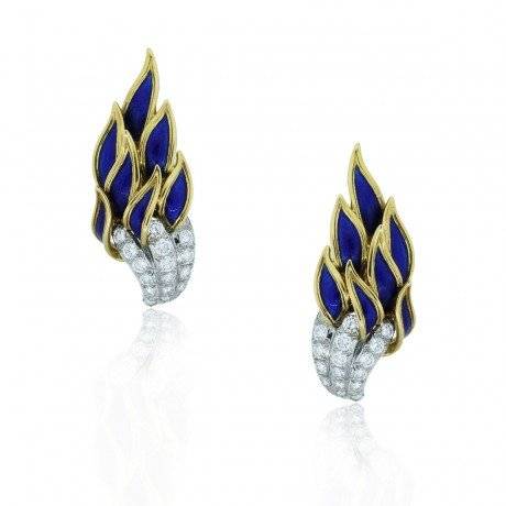 Schlumberger 18k Yellow Gold Enamel Diamonds Flame Earrings