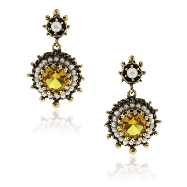 You are viewing these 14k Yellow Gold Yellow Crystal Pearl Drop Vintage Earrings!