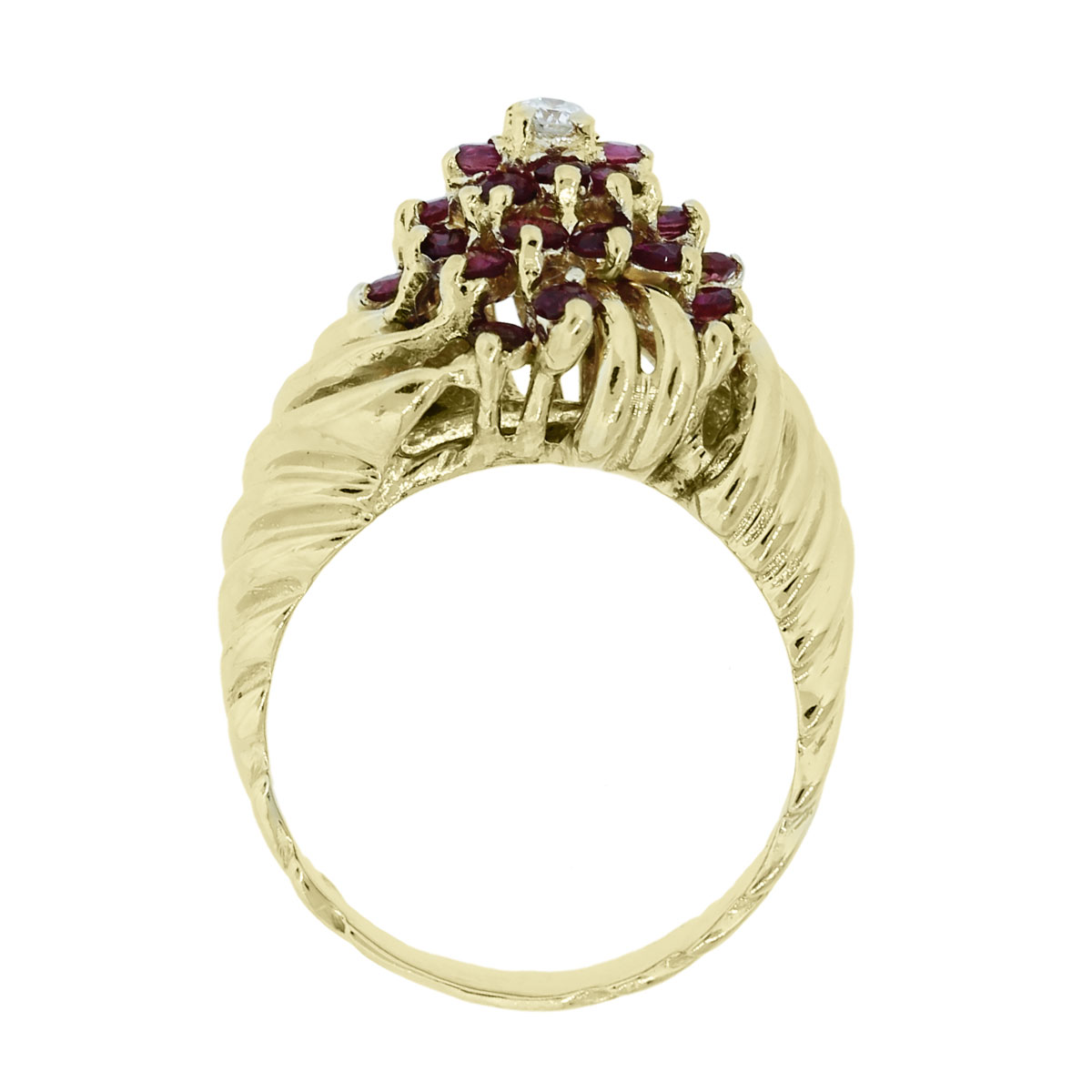 14k Yellow Gold Red Ruby Diamond Cluster Ring