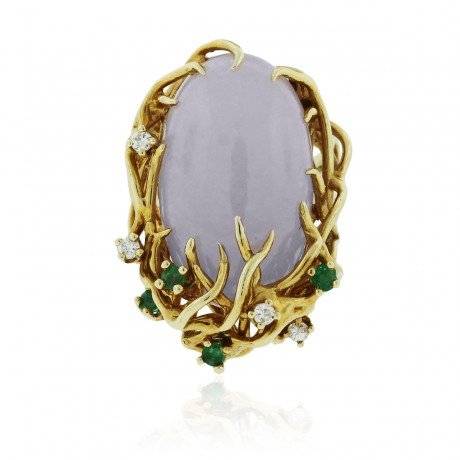 14k Yellow Gold Lavender Jade Emerald Diamond Ring