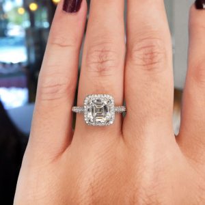 Asscher cut diamond halo engagement ring 