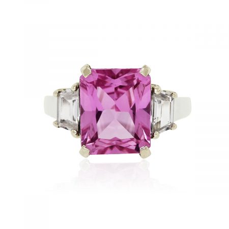 14k White Gold Pink CZ Radiant Ring with CZ Trapezoids