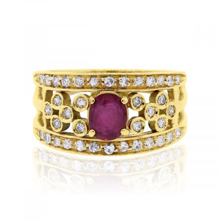 18k yellow gold oval ruby diamond wide ring