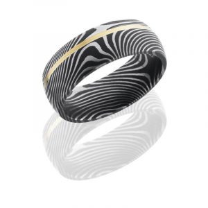 Damascus Steel 8mm Domed Band with Off-Center 14K Yellow Gold inlay Flattwist Pattern Boca Raton
