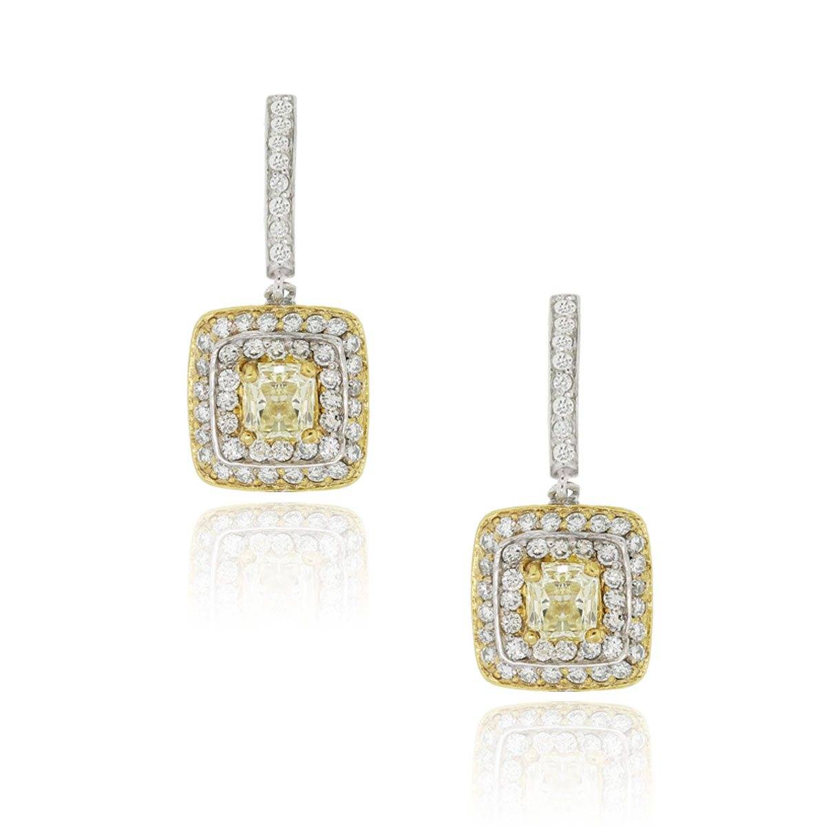 14k White Gold Fancy Yellow Cushion Diamond Dangle Earrings