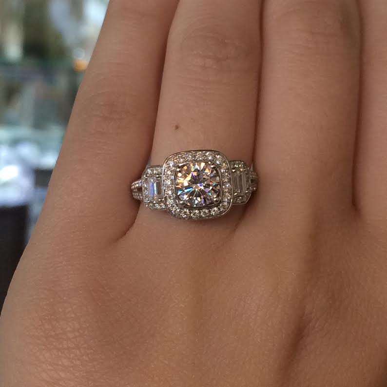 Simon G. three stone halo engagement ring