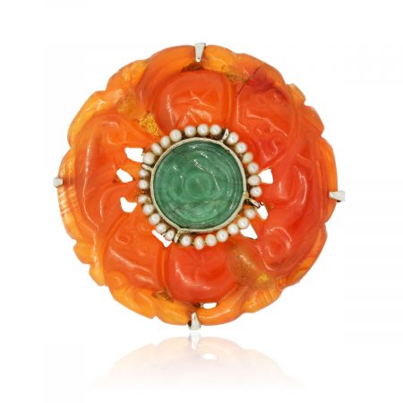 14k White Gold Carnelian, Green Onyx, and Seed Pearl Brooch