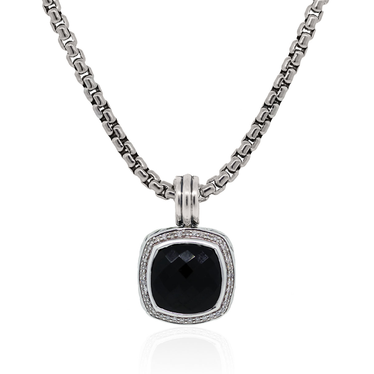 David Yurman Black Onyx Diamond Pendant Box Chain Necklace