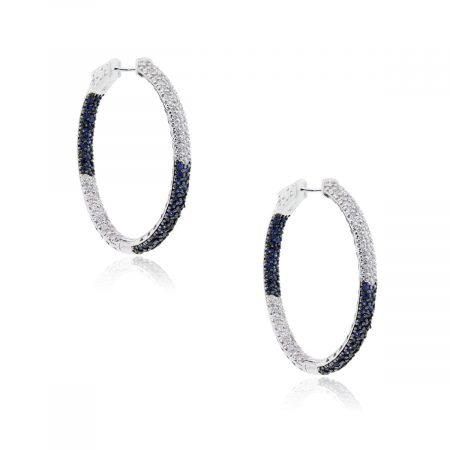 14k White Gold Diamond and Sapphire Oval Hoop Earrings