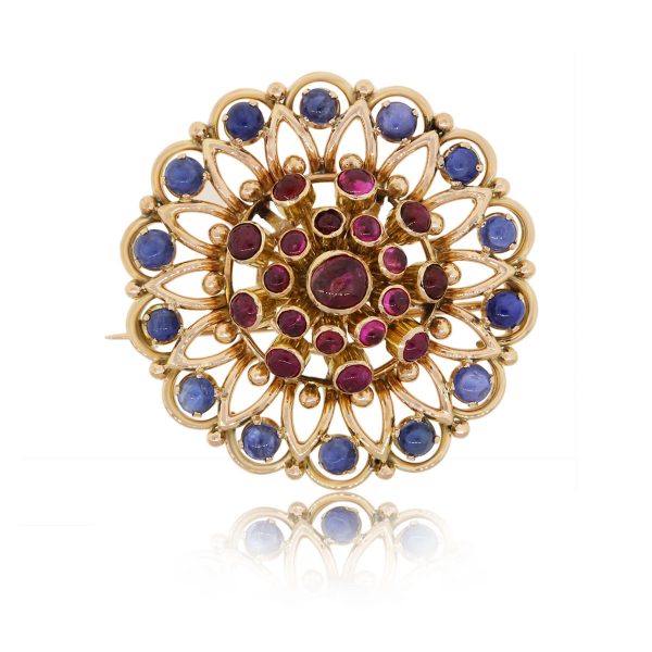 14k Yellow Gold Sapphire Ruby Brooch Pin