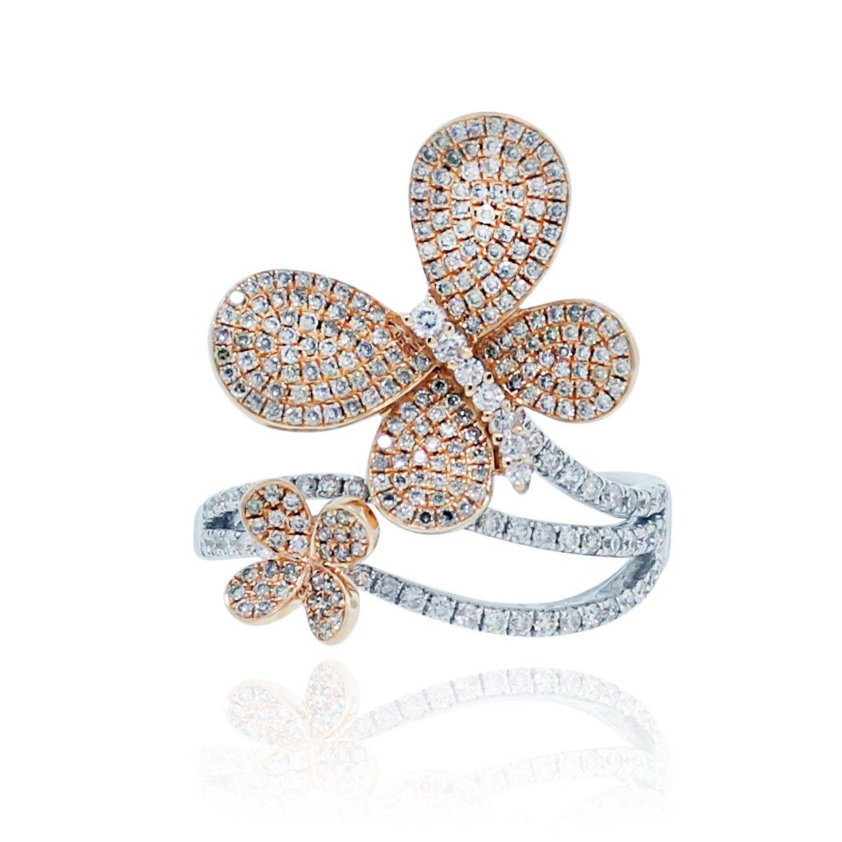 Two tone rose gold and white gold diamond pave butterfly ring