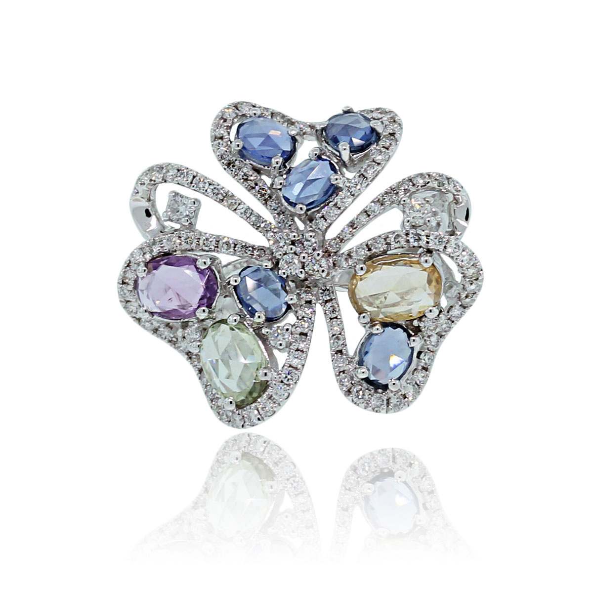 18k White Gold Multi-Sapphire & 1.02ctw Diamond Clover Ring