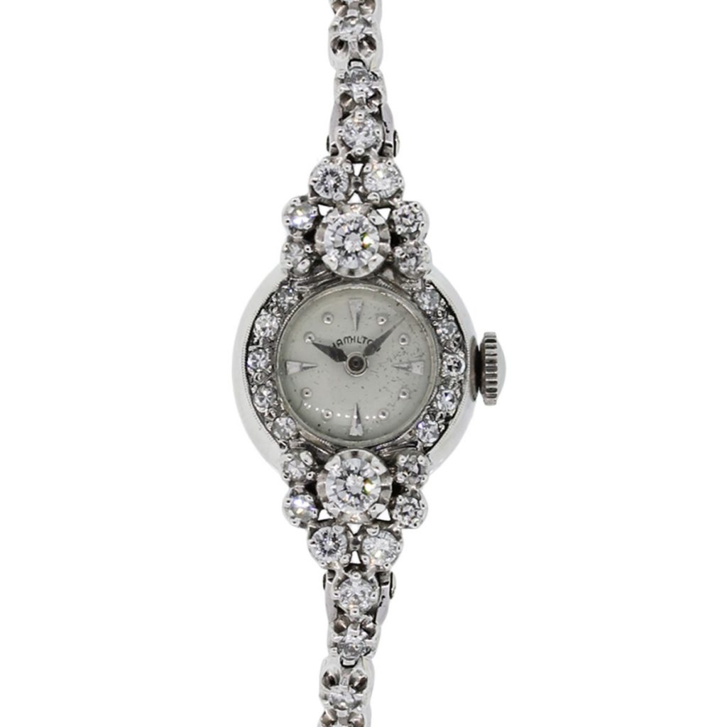 Hamilton 14k White Gold 2ctw Diamond Antique Ladies Watch