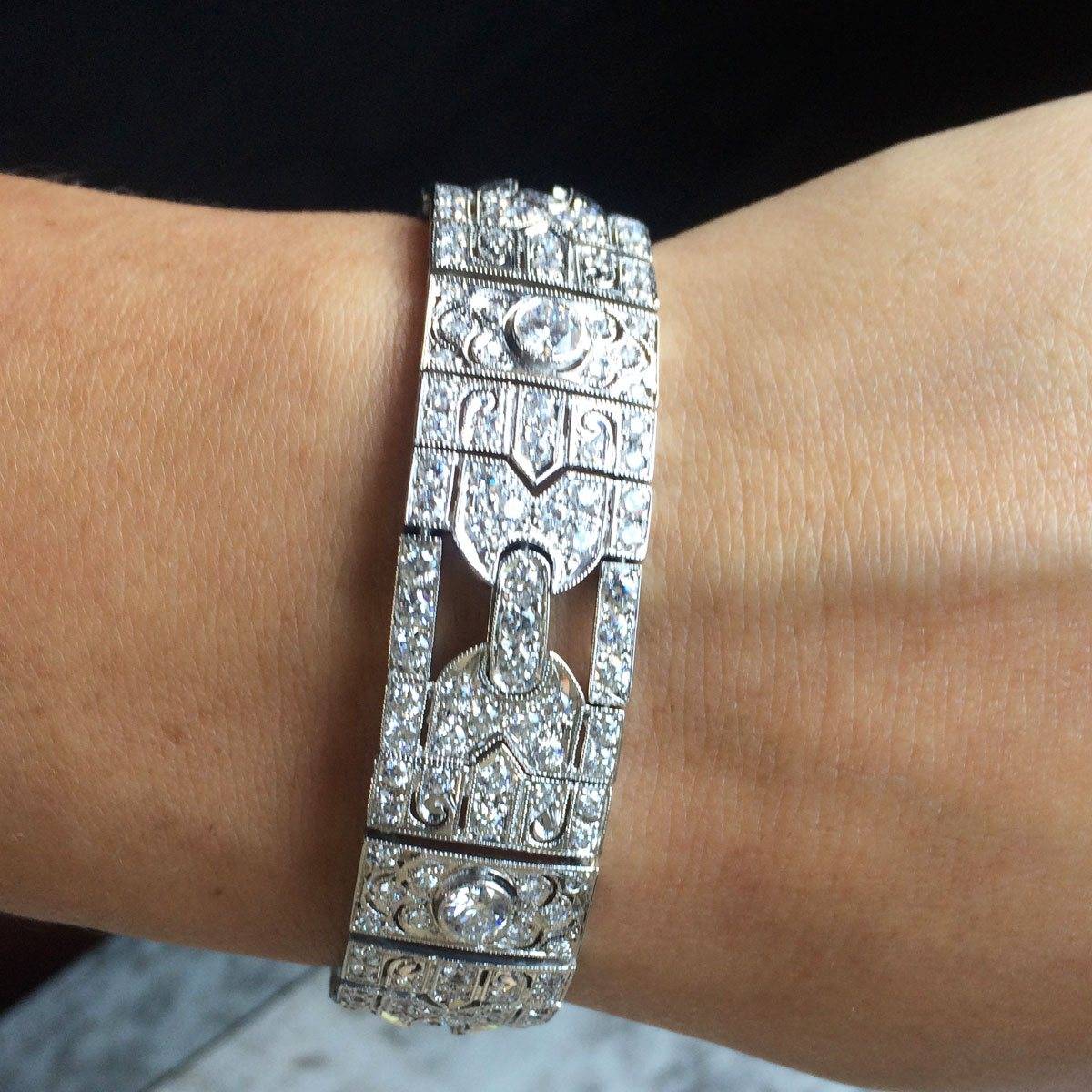 This Art Deco style platinum bracelet is the type of piece that comes to mind when most people think of estate jewelry. Its antique details and opulent carat weight just ooze luxury from a bygone era.