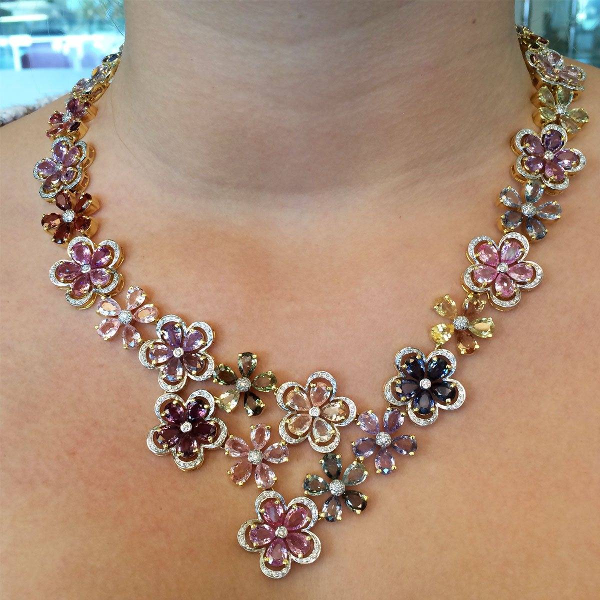 Flower sapphire and diamond necklace