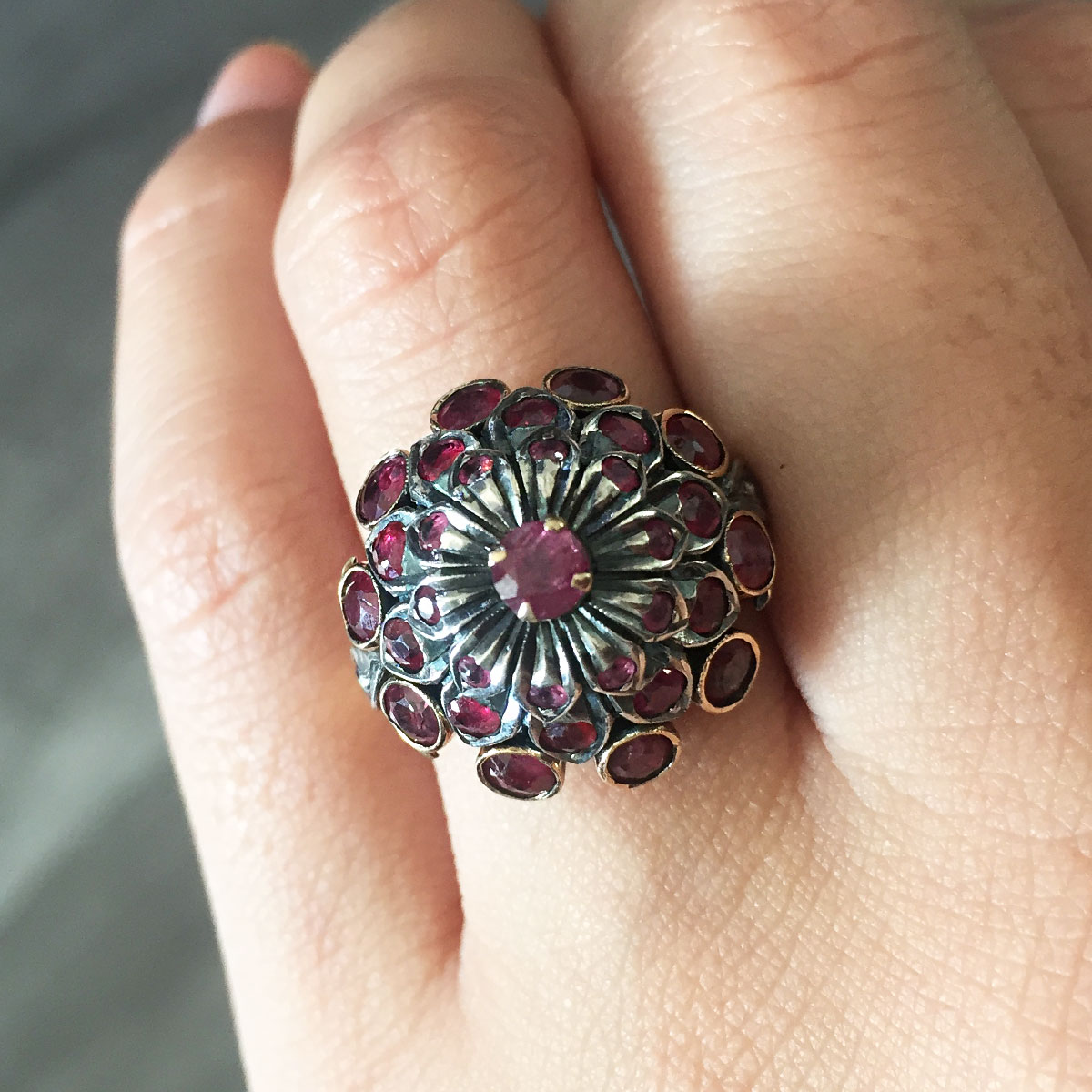 14k Two Tone Ruby Cluster Vintage Ring