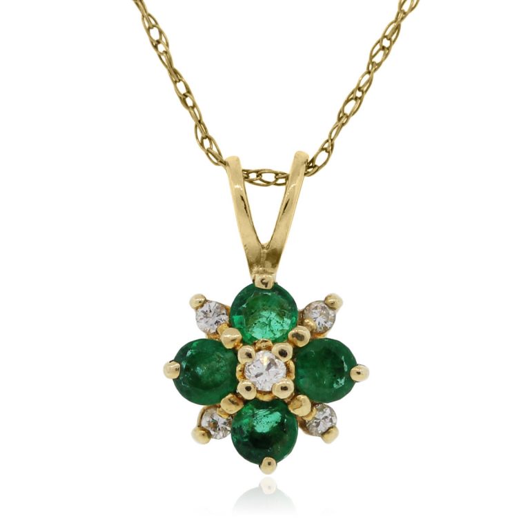 14k Yellow Gold Diamond and Emerald Pendant Necklace