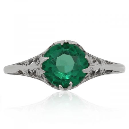 14k White Gold Antique Synthetic Green Stone Ring