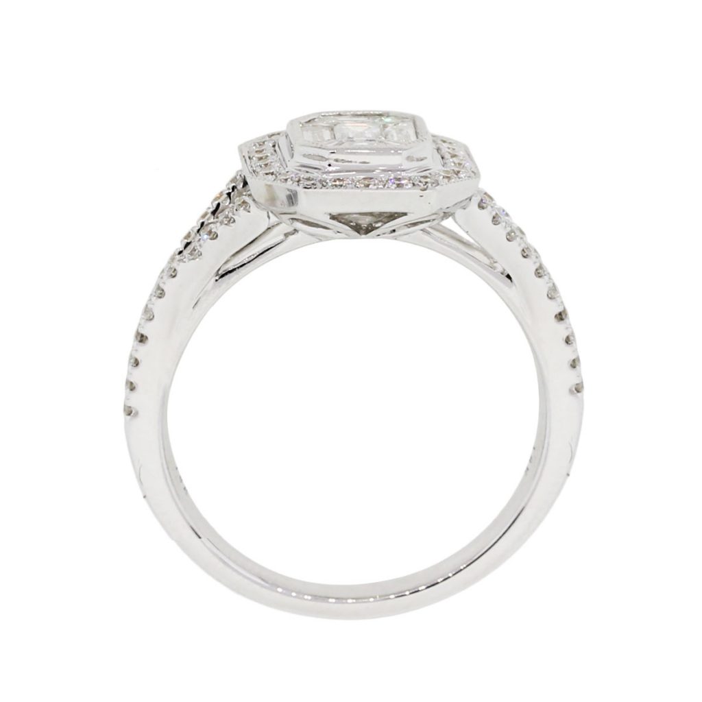 18k White Gold 0.86ctw Round and Baguette Diamond Illusion Ring