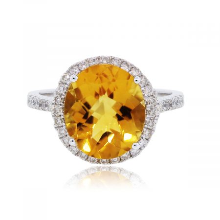 14k White Gold 0.40ctw Diamond Halo and Oval Citrine Ring