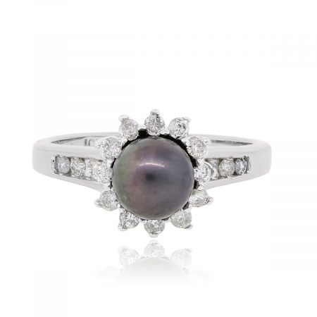 White Gold 6mm Tahitian Pearl and Diamond Ring