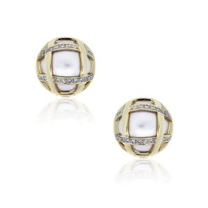 14k Yellow Gold Pearl 0.50ctw Diamond Button Earrings