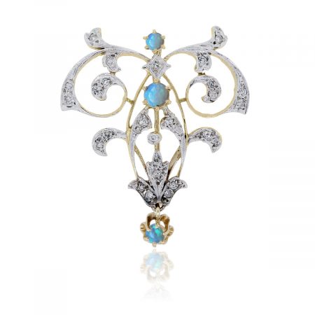14k Two Tone Gold Diamond Opal Brooch Pin