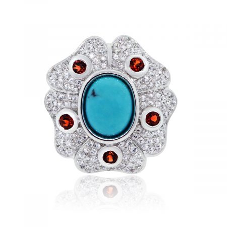 14k White Gold 1.35ctw Diamond Turquoise Garnet Vintage Ring