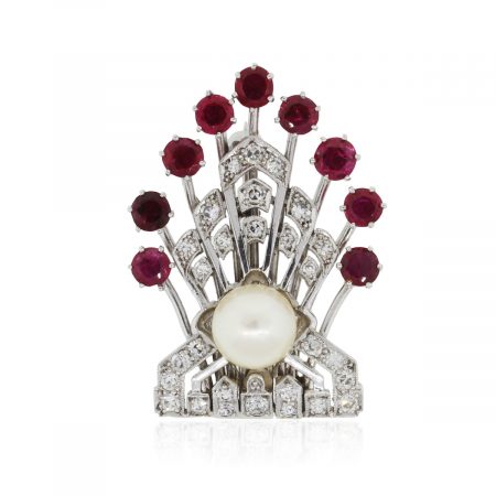 Platinum 0.40ctw Diamonds 1.50ctw Rubies and 7mm Pearl Pin