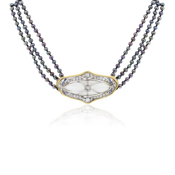 14k Gold 1.50ctw Diamond Tahitian Pearl and Sapphire Necklace