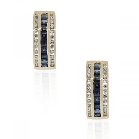 14k Yellow Gold 0.44ctw Diamond and 0.36ctw of Sapphire Huggie Earrings