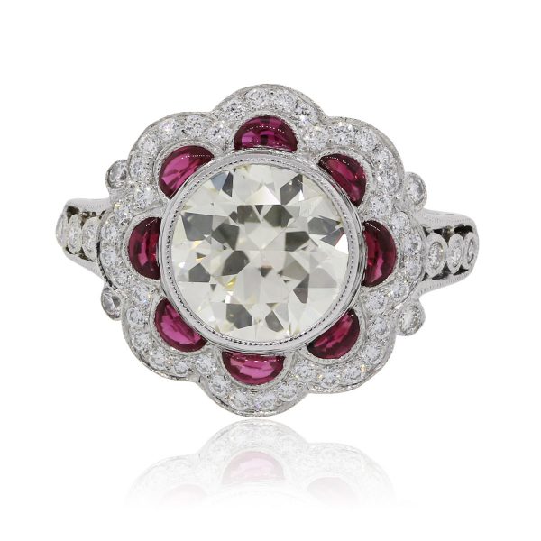 Platinum 3.50ctw Round Brilliant Diamond and Rubies Engagement Ring