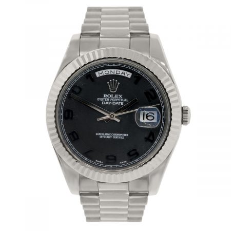 Rolex 218235 Day-Date II 18k White Gold Black Concentric Dial Watch