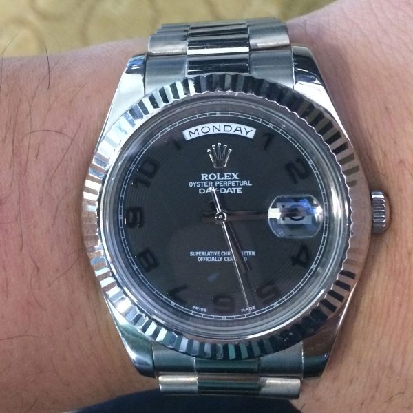 Rolex 218235 Day-Date II 18k White Gold Black Concentric Dial Watch