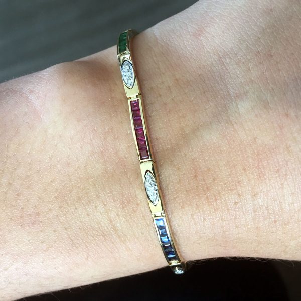 18k Yellow Gold Diamond Ruby Sapphire Emerald Line Bracelet